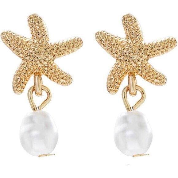 Jewelry - Women's Gold Starfish Dangle Earrings Dainty Pearl Ocean Beach Jewelry Gifts